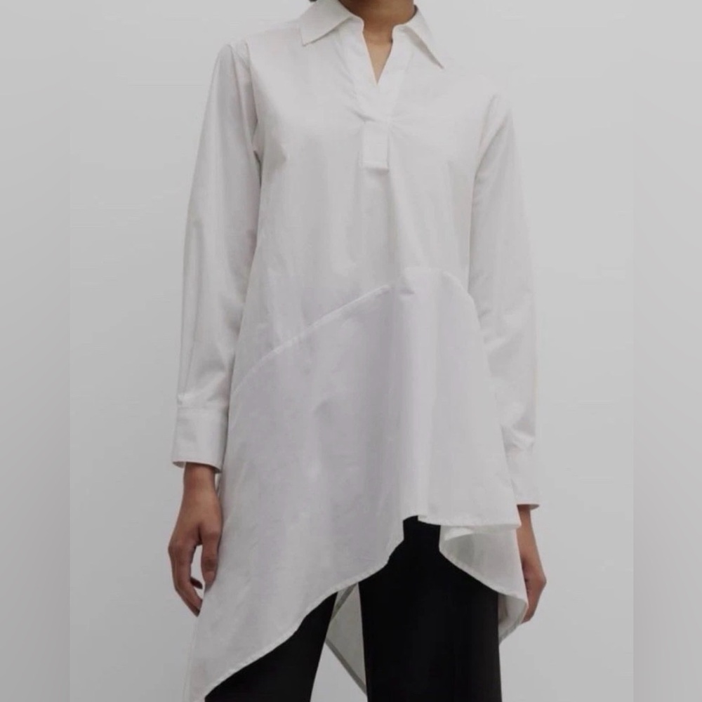 New! Natori Women's White Poplin Collared Split Neck Asymmetric Blouse Size M